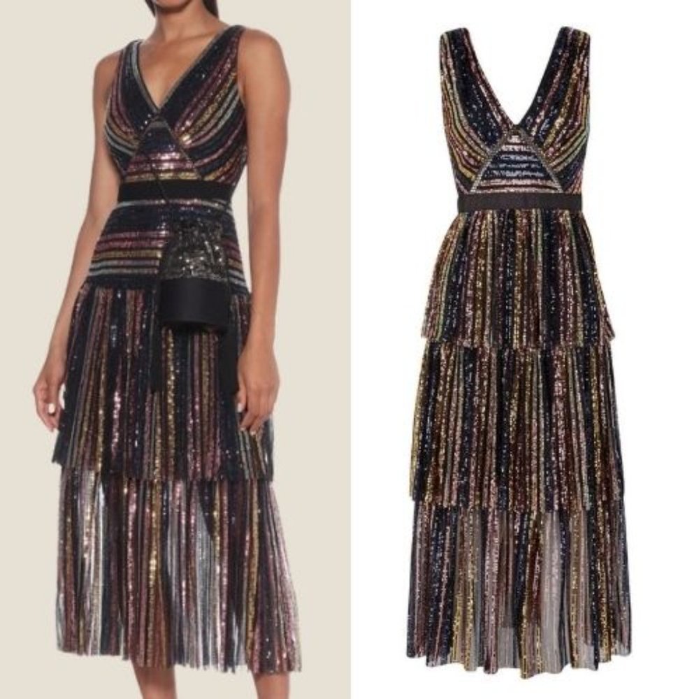Self-Portrait Tiered Striped Sequin Midi Dress